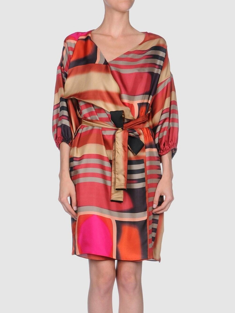 GF Ferre Silk Multicolor Geometric Print Belted Dress